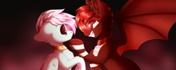 Size: 1651x660 | Tagged: safe, artist:_ladybanshee_, imported from derpibooru, oc, oc:#c0ffee, demon, demon pony, pegasus, pony, chest fluff, corrupted, demon wings, evil, evil grin, fangs, gay, glowing, glowing eyes, grin, male, mind control, neck rings, smiling, spread wings, stallion, wings