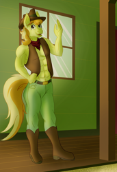 Size: 1950x2850 | Tagged: safe, artist:sixes&sevens, imported from derpibooru, braeburn, anthro, earth pony, bandana, boots, braeburn's hat, clothes, cowboy boots, hat, limited palette, male, muscles, partial nudity, porch, shoes, smiling, solo, topless, vest, waving