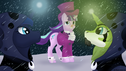 Size: 1280x720 | Tagged: safe, artist:greenlion, imported from derpibooru, princess luna, snowfall frost, spirit of hearth's warming yet to come, starlight glimmer, oc, alicorn, pony, unicorn, a hearth's warming tail, artwork, green, snow, snowfall