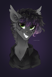 Size: 1500x2200 | Tagged: safe, artist:zlatavector, imported from derpibooru, oc, oc only, oc:max moore, bat pony, cyber pony, pegasus, pony, bat pony oc, bust, clothes, commission, eye clipping through hair, eyebrows, eyebrows visible through hair, gradient background, grin, looking at you, male, piercing, shirt, signature, smiling, smiling at you, solo, stallion