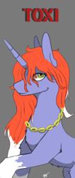 Size: 866x2048 | Tagged: safe, artist:hrabiadeblacksky, imported from derpibooru, oc, oc only, oc:toxi, pony, unicorn, clothes, female, gold chain, mare, red hair, socks, solo, white socks