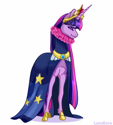 Size: 4632x5136 | Tagged: safe, artist:luna dave, imported from derpibooru, twilight sparkle, pony, unicorn, big crown thingy, cape, clothes, commission, element of magic, female, jewelry, mare, older, realistic horse legs, regalia, ruff (clothing), simple background, solo