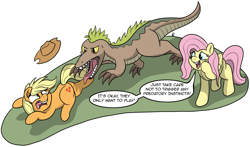 Size: 3367x1982 | Tagged: safe, artist:doodledonutart, imported from derpibooru, applejack, fluttershy, dinosaur, earth pony, pegasus, pony, velociraptor, carnivore, comic, female, herbivore vs carnivore, mare, oblivious, predator, predator vs prey, scared, simple background, white background