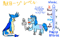 Size: 1024x640 | Tagged: safe, artist:horsesplease, imported from derpibooru, gallus, party favor, brain death, cyrillic, derp, doggie favor, doodle, gallus the rooster, gallusposting, japanese, khorne, microphone, ob'yebos, pun, random, russian, sad, vulgar, warhammer (game), warhammer 40k, роисся вперде