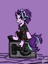 Size: 1500x2000 | Tagged: safe, artist:ami-gami, imported from derpibooru, starlight glimmer, pony, unicorn, alternate hairstyle, boots, clothes, dress, grin, shoes, smiling, solo, speaker