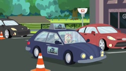 Size: 1200x675 | Tagged: safe, artist:thatradhedgehog, edit, edited screencap, imported from derpibooru, screencap, cranky doodle donkey, sunset shimmer, human, driving miss shimmer, equestria girls, equestria girls series, car, volkswagen, volkswagen beetle