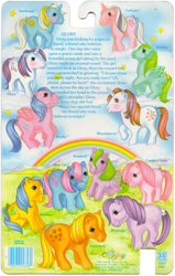 Size: 2229x3500 | Tagged: safe, imported from derpibooru, applejack (g1), blossom, bubbles (g1), cotton candy (g1), firefly, glory, medley, moondancer (g1), seashell (g1), sunbeam, twilight, backcard, bow tie (g1), cloud, g1, grass, group, merchandise, official, rainbow, scan, sky, text