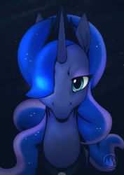 Size: 955x1351 | Tagged: safe, artist:mysticalpha, imported from derpibooru, princess luna, alicorn, pony, bust, female, hair over one eye, lidded eyes, looking at you, mare, portrait, solo