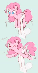 Size: 1849x3537 | Tagged: safe, artist:noupu, imported from derpibooru, pinkie pie, earth pony, human, pony, cute, diapinkes, eyes closed, eyes on the prize, featured image, female, happy, holding a pony, male, mare, open mouth, open smile, simple background, smiling, text, upsies