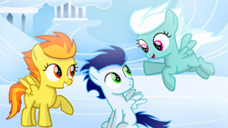 Size: 1280x720 | Tagged: safe, artist:mlplary6, imported from derpibooru, fleetfoot, soarin', spitfire, pegasus, pony, childhood friends, colt, colt soarin', female, filly, filly fleetfoot, filly spitfire, flying, foal, friends, male, smiling, younger