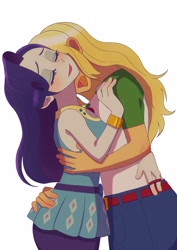 Size: 2894x4093 | Tagged: safe, artist:haibaratomoe, imported from derpibooru, applejack, rarity, human, equestria girls, equestria girls series, belt, clothes, cutie mark on clothes, denim skirt, doodle, eyes closed, female, hug, kissing, lesbian, neck kiss, open mouth, rarijack, rarity peplum dress, shipping, simple background, skirt, tongue out, white background