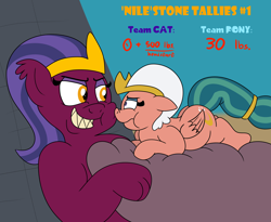 Size: 3500x2871 | Tagged: safe, artist:rupertbluefox, imported from derpibooru, somnambula, sphinx (character), pegasus, pony, sphinx, series:miles&nilesofcat&fat, belly, belly bed, big belly, blushing, butt, cute, desert, duo, duo female, egyptian, egyptian headdress, egyptian pony, evil grin, eyeshadow, fat, fat fetish, female, fetish, grin, huge belly, impossibly large belly, incentive drive, lidded eyes, lying down, makeup, mare, missing accessory, plot, prone, puffy cheeks, pyramid, smiling, somnambetes, sphinxdorable, teeth, this ended in weight gain, weight gain, weight gain sequence