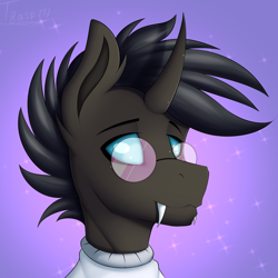 Size: 5000x5000 | Tagged: safe, artist:trast113, imported from derpibooru, oc, oc:rosie clockwork, changeling, pony, bust, changeling oc, commission, glasses, horn, male, portrait, solo, stallion