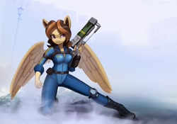 Size: 2048x1434 | Tagged: safe, artist:mrscroup, imported from derpibooru, oc, oc only, oc:electric dawn, anthro, pegasus, boots, clothes, fallout, gun, jumpsuit, shoes, solo, vault suit, weapon