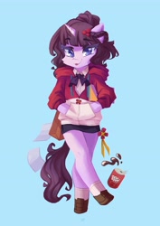 Size: 2898x4096 | Tagged: safe, artist:saxopi, imported from derpibooru, oc, oc only, semi-anthro, unicorn, bag, blue background, bow, cheek fluff, clothes, dr pepper, ear fluff, eyebrows, eyebrows visible through hair, hand in pocket, high res, hoodie, hoof shoes, horn, looking at you, paper, paper bag, simple background, solo, tongue out, unicorn oc