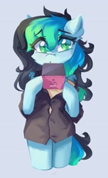 Size: 2484x4096 | Tagged: safe, artist:saxopi, imported from derpibooru, oc, oc only, oc:kiru, earth pony, semi-anthro, 3ds, blue background, box, cheek fluff, clothes, ear fluff, earth pony oc, eye clipping through hair, eyebrows, eyebrows visible through hair, high res, hoof hold, looking at you, simple background, solo, tail, two toned mane, two toned tail