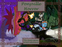 Size: 1300x993 | Tagged: safe, artist:duskswordsman, imported from derpibooru, octavia melody, rainbow dash, rarity, snowdash, earth pony, pegasus, pony, tatzlwurm, unicorn, rarity investigates, arkham horror, car, collage, detective rarity, everfree forest, female, gun, handgun, mare, night, ponyville horror, revolver, tommy gun