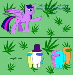 Size: 2258x2314 | Tagged: safe, artist:assertiveshypony, imported from derpibooru, applejack, fluttershy, pinkie pie, rainbow dash, rarity, twilight sparkle, alicorn, pony, 420, abstract background, among us, astronaut, crying, digital art, drugs, marijuana, sus (among us), text, twilight sparkle (alicorn), wat