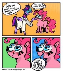 Size: 1512x1706 | Tagged: safe, artist:rayv_art, imported from derpibooru, pinkie pie, twilight sparkle, alicorn, earth pony, pony, clothes, comic, eyes closed, glasses, lab coat, smiling, twilight sparkle (alicorn), vulgar
