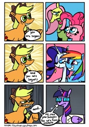 Size: 1512x2150 | Tagged: safe, artist:rayv_art, imported from derpibooru, applejack, fluttershy, pinkie pie, rainbow dash, rarity, twilight sparkle, alicorn, earth pony, pony, unicorn, clothes, comic, dialogue, glasses, grimace, grin, lab coat, mane six, smiling, twilight sparkle (alicorn), vulgar