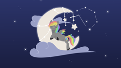Size: 1920x1080 | Tagged: safe, artist:rumista, imported from derpibooru, oc, oc only, oc:dark rainbow, pegasus, pony, cloud, colored wings, commission, cute, dark background, male, moon, multicolored wings, night, pegasus oc, rainbow wings, sleeping, solo, space, stallion, stars, wings, ych result