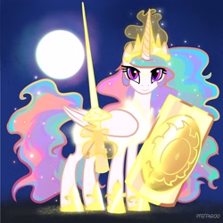 Size: 2568x2568 | Tagged: safe, artist:pfeffaroo, imported from derpibooru, princess celestia, alicorn, pony, fanfic:the triangle of moons: mending shards, magic, shield, solo, sword, weapon