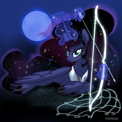 Size: 2283x2283 | Tagged: safe, artist:pfeffaroo, imported from derpibooru, princess luna, alicorn, pony, fanfic:the triangle of moons: mending shards, arrow, bow (weapon), bow and arrow, moon, solo, weapon