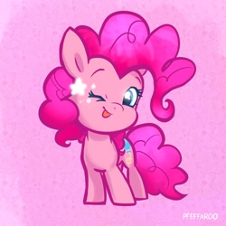 Size: 2048x2048 | Tagged: safe, artist:pfeffaroo, imported from derpibooru, pinkie pie, earth pony, pony, ;p, chibi, cute, diapinkes, female, filly, foal, high res, looking at you, one eye closed, smiling, smiling at you, solo, standing, stars, textured background, tongue out, turned head, wink, winking at you