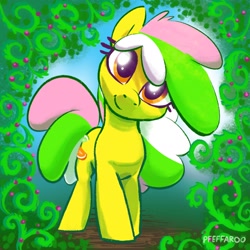 Size: 2048x2048 | Tagged: safe, artist:pfeffaroo, imported from derpibooru, oc, oc only, oc:summer delight, earth pony, pony, earth pony oc, high res, hooves, multicolored mane, signature, smiling, solo, standing