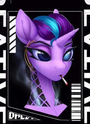 Size: 2200x3000 | Tagged: safe, artist:dacsy, imported from derpibooru, starlight glimmer, pony, robot, robot pony, unicorn, cigarette, collaboration, collaboration:choose your starlight, cyberpunk, female, glimmerbot, gynoid, smoke, smoking, solo
