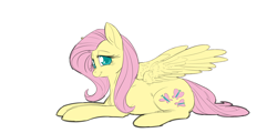 Size: 2600x1250 | Tagged: safe, artist:snspony, edit, imported from derpibooru, fluttershy, pegasus, pony, :t, blushing, colored pupils, cute, female, full body, hooves, lidded eyes, lying down, mare, prone, shyabetes, simple background, smiling, solo, white background, wings