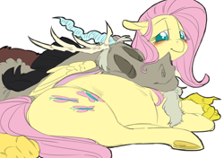 Size: 2508x1764 | Tagged: safe, artist:snspony, imported from derpibooru, discord, fluttershy, draconequus, pegasus, pony, discoshy, female, male, preggoshy, pregnant, shipping, simple background, straight, white background