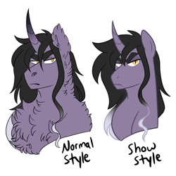 Size: 3000x3000 | Tagged: safe, artist:gingygin, imported from derpibooru, oc, oc only, oc:penumbra, pony, unicorn, bust, chest fluff, ear fluff, fluffy, frown, male, offspring, parent:king sombra, parent:twilight sparkle, parents:twibra, simple background, solo, stallion, white background