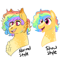 Size: 3000x3000 | Tagged: safe, artist:gingygin, imported from derpibooru, oc, oc only, oc:carnival frenzy, pegasus, pony, bust, cheek feathers, chest fluff, coat markings, duality, ear fluff, facial hair, high res, male, multicolored hair, open mouth, open smile, pegasus oc, rainbow hair, simple background, smiling, solo, stallion, white background