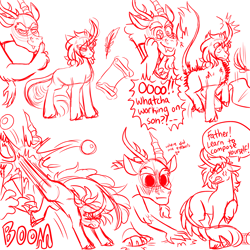 Size: 3000x3000 | Tagged: safe, artist:gingygin, imported from derpibooru, discord, oc, oc:solstice flare, draconequus, hybrid, pony, unicorn, cartoon physics, comic, cross-popping veins, duo, father and child, interspecies offspring, kicking, monochrome, offspring, parent:discord, parent:princess celestia, parents:dislestia, quill, scoll, simple background, sketch, speech bubble, white background, yelling