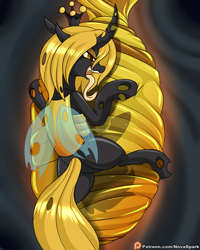 Size: 2000x2500 | Tagged: safe, artist:novaspark, imported from derpibooru, oc, oc only, oc:gemini, changeling, changeling queen, changeling oc, cocoon, fangs, female, long tongue, solo, tongue out, yellow changeling