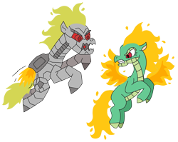 Size: 2854x2277 | Tagged: safe, artist:supahdonarudo, imported from derpibooru, dragon, hybrid, longma, robot, them's fightin' herds, community related, flying, mane of fire, roboticization, simple background, tianhuo (tfh), transparent background