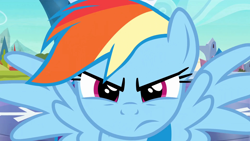 Size: 1920x1080 | Tagged: safe, imported from derpibooru, screencap, rainbow dash, pegasus, pony, season 3, the crystal empire, close-up, female, frown, mare, narrowed eyes, rainbow dash is not amused, solo, spread wings, unamused, wings