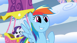 Size: 1920x1080 | Tagged: safe, imported from derpibooru, screencap, rainbow dash, rarity, pegasus, pony, unicorn, season 1, sonic rainboom (episode), cute, dashabetes, faic, female, hot air balloon, mare, rainbow dash is best facemaker, smiling, twinkling balloon