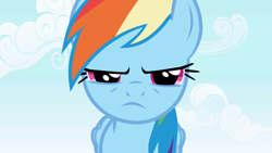 Size: 1920x1080 | Tagged: safe, imported from derpibooru, screencap, rainbow dash, pegasus, pony, applebuck season, season 1, 1080p, female, frown, looking at you, mare, narrowed eyes, rainbow dash is not amused, reaction image, solo, unamused