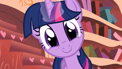 Size: 1920x1080 | Tagged: safe, imported from derpibooru, screencap, twilight sparkle, pony, unicorn, look before you sleep, season 1, adorkable, bookworm, cute, dork, golden oaks library, happy, looking at you, magic, reaction image, smiling, solo, telekinesis, twiabetes, unicorn twilight