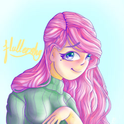 Size: 1280x1280 | Tagged: safe, artist:lotuspolaris, imported from derpibooru, fluttershy, human, equestria girls, clothes, eyebrows, eyebrows visible through hair, looking at you, smiling, smiling at you, solo, sweater, turtleneck