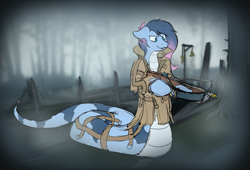 Size: 2409x1634 | Tagged: safe, artist:triksa, imported from derpibooru, oc, oc:liu, lamia, original species, snake, crossbow, crossover, fog, hunt showdown, hunter, monroe, slime, weapon