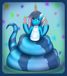 Size: 1756x2000 | Tagged: safe, artist:triksa, imported from derpibooru, oc, oc:liu, lamia, original species, snake, birthday, candle, coils, happy birthday, party, simple background, slime