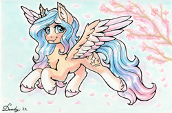 Size: 2688x1771 | Tagged: safe, artist:dandy, imported from derpibooru, oc, oc only, oc:blissful daydreams, pegasus, pony, blushing, cherry blossoms, chest fluff, copic, cute, cute little fangs, ear fluff, eyebrows, eyebrows visible through hair, fangs, female, flower, flower blossom, flying, heart, heart eyes, high res, looking at you, ocbetes, pegasus oc, signature, smiling, smiling at you, solo, spread wings, traditional art, unshorn fetlocks, wingding eyes, wings