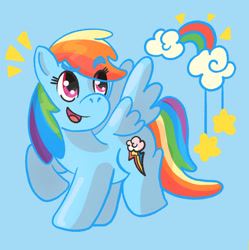 Size: 1280x1287 | Tagged: safe, artist:boosugar, imported from derpibooru, rainbow dash, pegasus, pony, blue background, emanata, female, mare, rainbow, raised hoof, simple background, smiling, solo, spread wings, wings