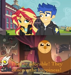 Size: 2044x2168 | Tagged: safe, imported from derpibooru, flash sentry, sunset shimmer, equestria girls, equestria girls series, female, flashimmer, hooty the owl, king (the owl house), male, meme, shipping, straight, the owl house