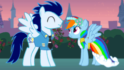 Size: 1920x1080 | Tagged: safe, artist:mlplary6, imported from derpibooru, rainbow dash, soarin', pegasus, pony, a canterlot wedding, animated, dancing, duo, duo male and female, eyes closed, female, gif, male, mare, raised hoof, shipping, smiling, soarindash, spread wings, stallion, straight, wings