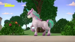 Size: 640x360 | Tagged: safe, imported from twibooru, pony, disney junior, dyed mane, dyed tail, fake horn, image, needs more jpeg, penelope (disney), solo, sparkling