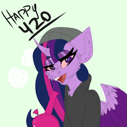 Size: 1280x1280 | Tagged: safe, artist:moodipone, imported from derpibooru, twilight sparkle, alicorn, pony, 420, alternate hairstyle, beanie, bong, clothes, drugs, hat, high, highlight sparkle, hoodie, marijuana, solo, twilight sparkle (alicorn)